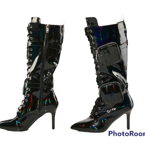 D-K BLACK HOLOGRAPHIC HEELED BOOTS BNIB - Picture 1 of 6